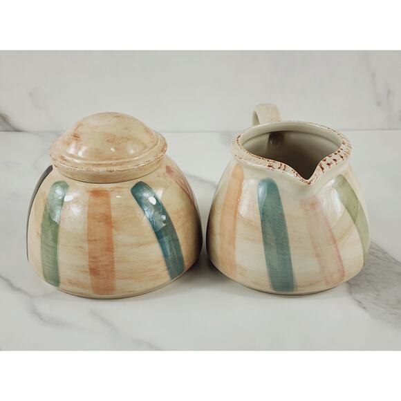 Oneida Teramo Stripes Creamer & Sugar Bowl w/ Lid Stoneware Glazed 1999 Vintage - Picture 6 of 14